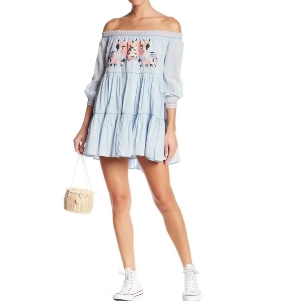 Free People Sunbeams Floral Embroidered Off The Shoulder Mini Dress in blue